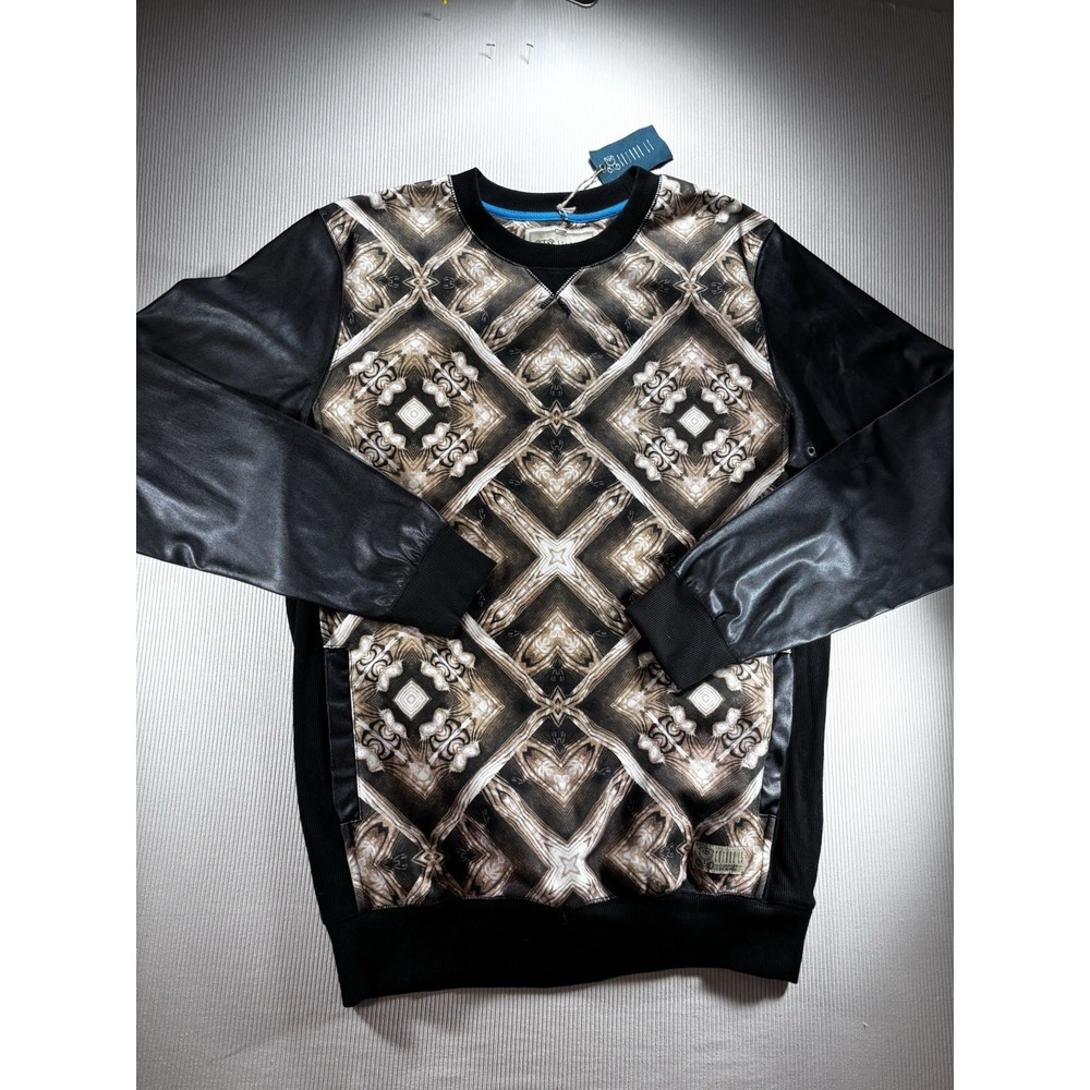Entree LS Mens Brown/Black‎ 2 Pocket Sweatshirt Faux Leather Sleeves Size L NWT